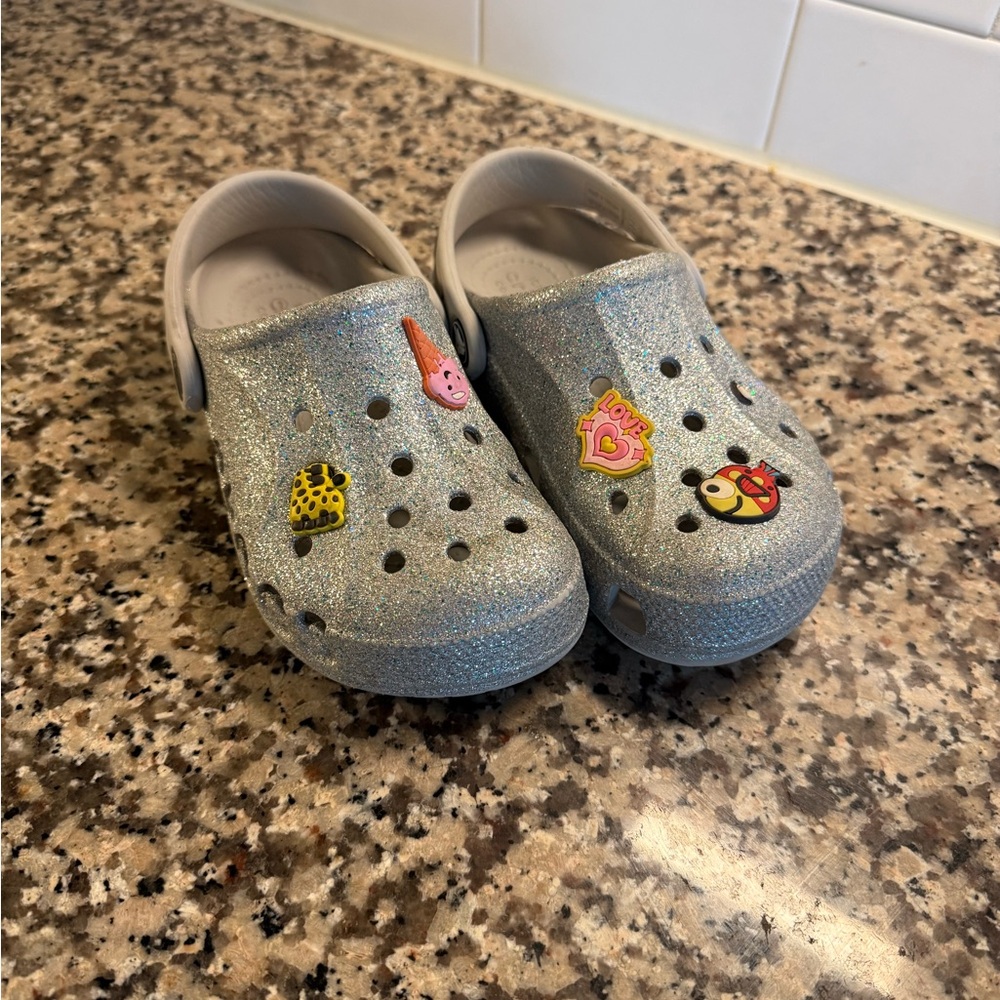 CROCS Kids Silver Glitter Clogs with Charms